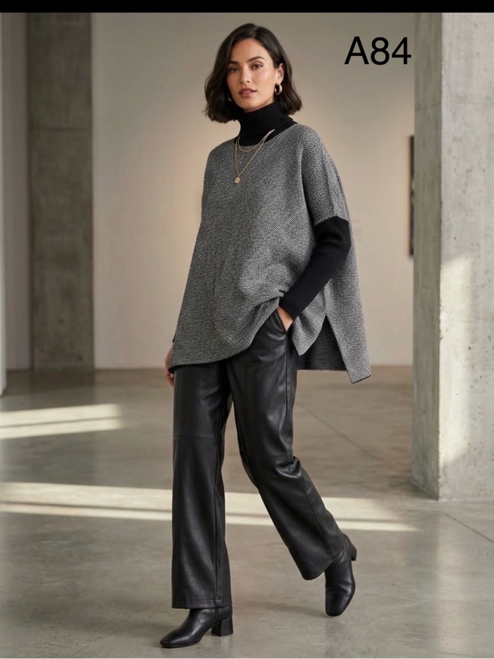 Joseph A Gray Knit Poncho Sweater with Black Turtleneck Layering, Size XL